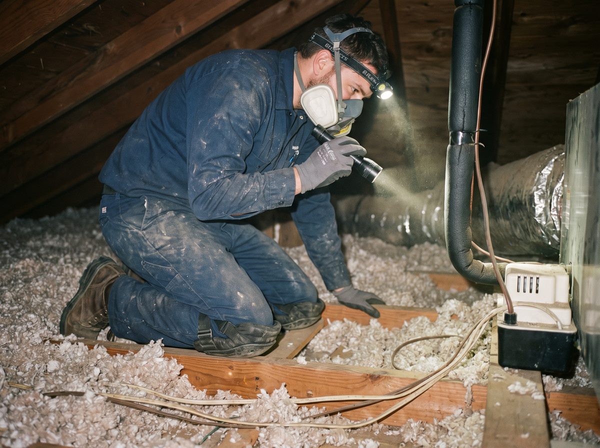 Inspector checking attic sheathing above a bathroom in an older Pasadena house