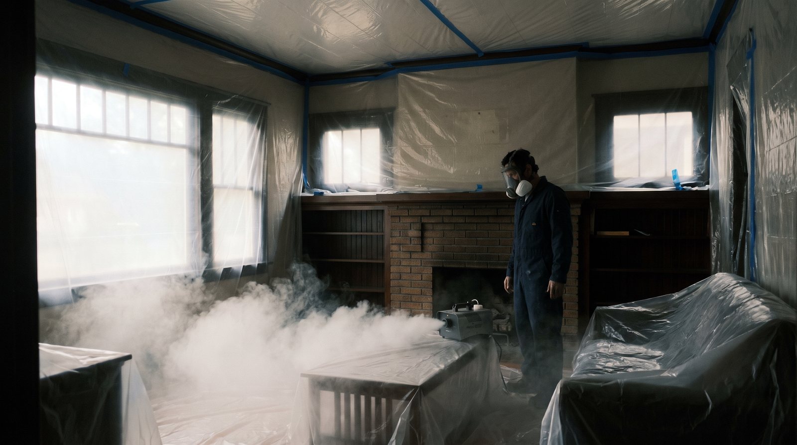 Fogging treatment running through a contained room