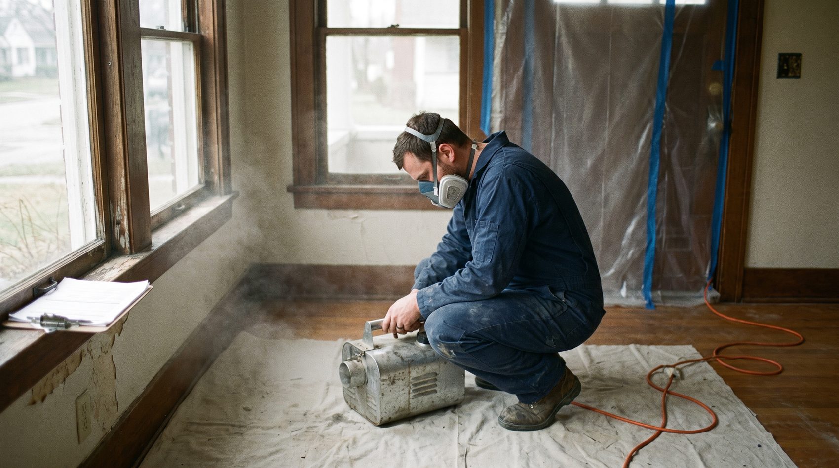 Technician preparing the fogging equipment under containment