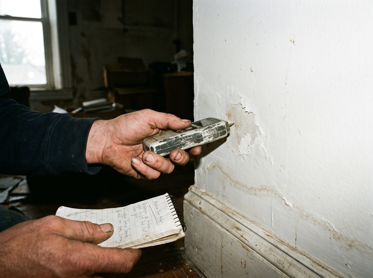 Inspector taking a moisture reading on an interior wall