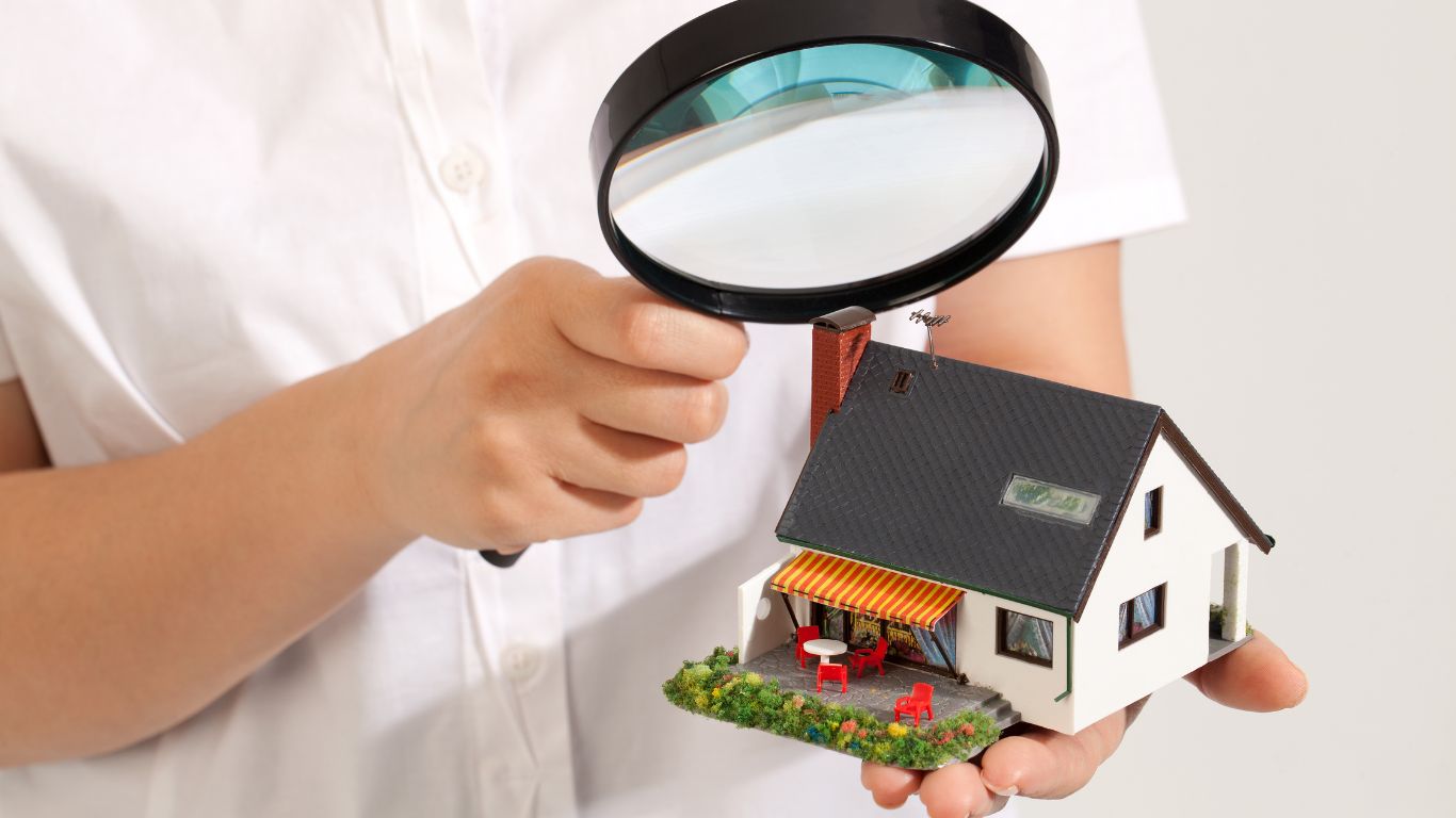 a female holds a magnifying glass over a miniature house to inspect it