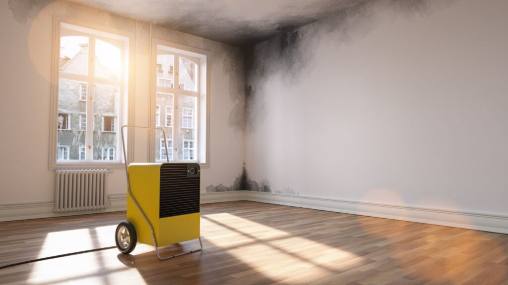 professional dehumidifier after water damage standing in a room