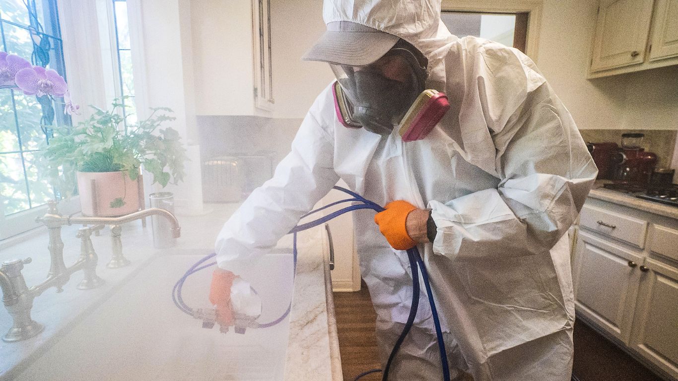 mold expert in white suit removing mold in kitchen