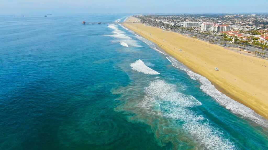 Huntington Beach, California coastline and city