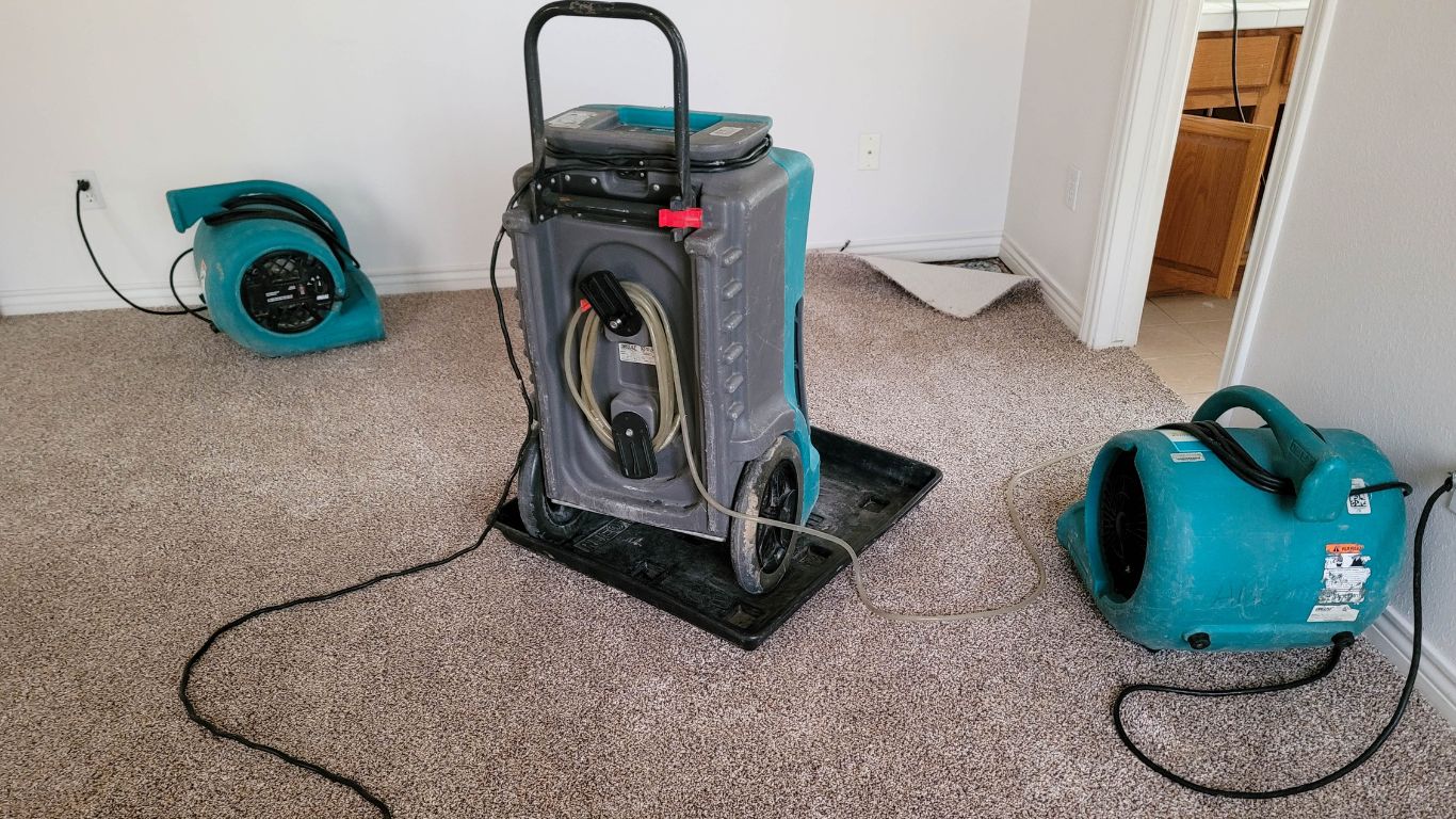 air movers and dehumidifiers drying a home