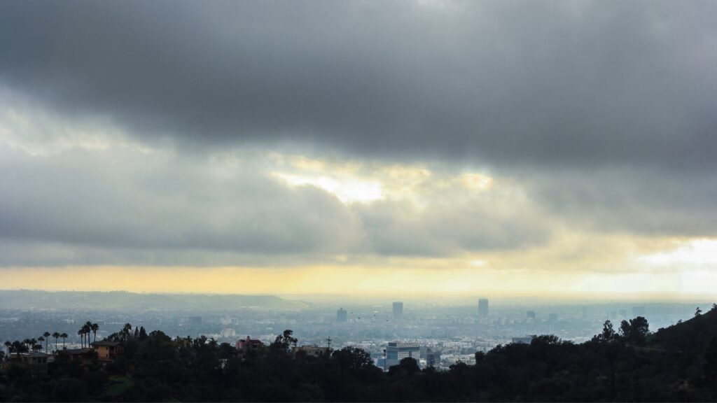 los angeles in rain clouds