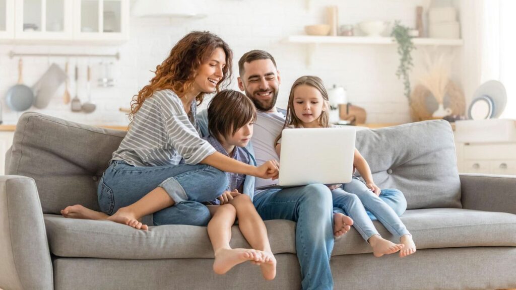 happy family on couch