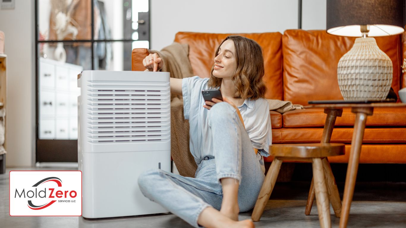 Woman Sitting near Air Purifier and Moisturizer Appliance