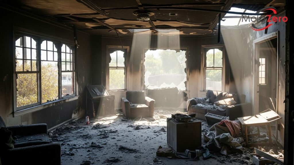 A fire-damaged room in a Los Angeles home with lingering smoke odor before professional smoke odor removal