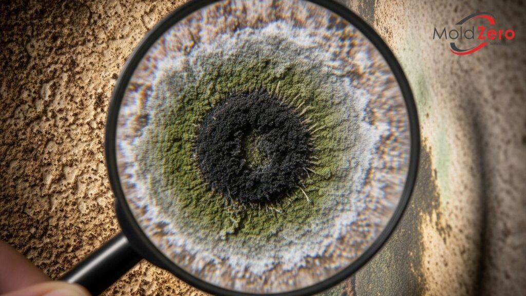 A hand holds a magnifying glass over a discolored moldy wall
