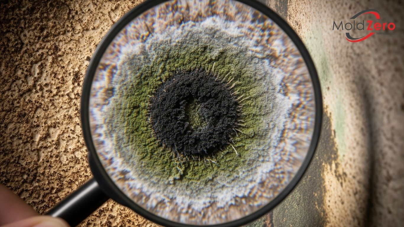 A hand holds a magnifying glass over a discolored moldy wall