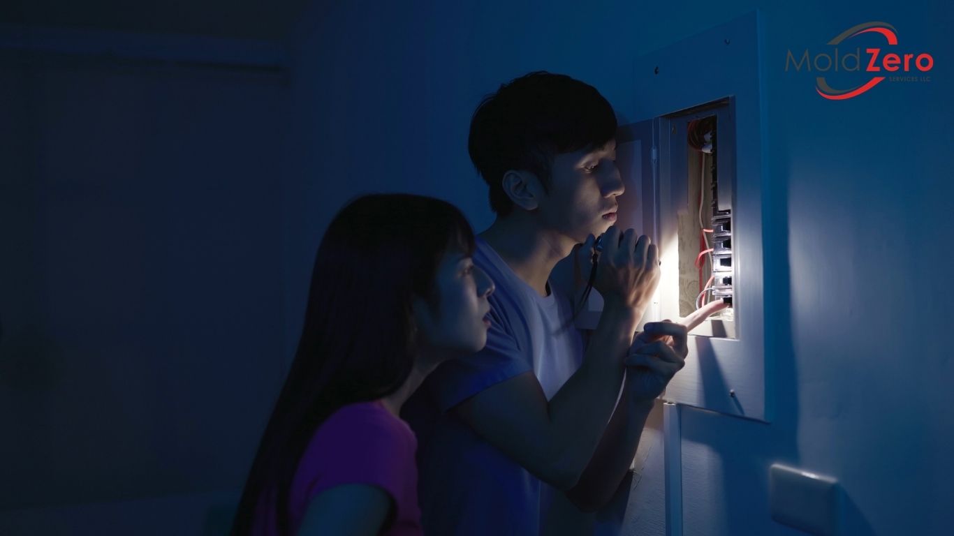 A person and person are looking at a light switch in a dark room
