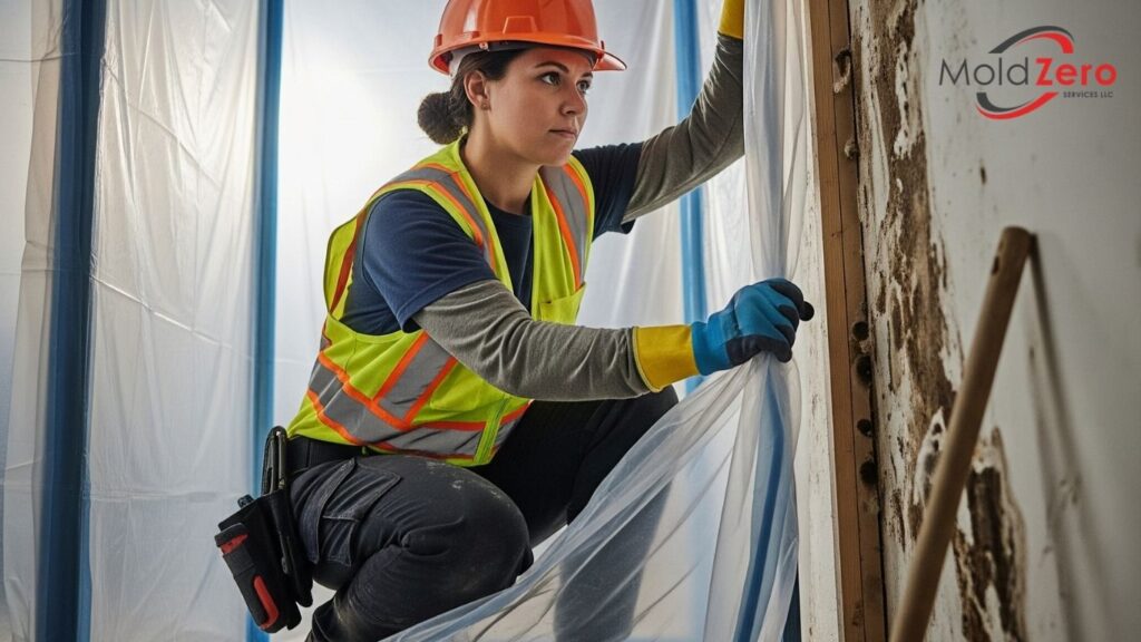A person wearing a hard hat and safety vest working on a wall
