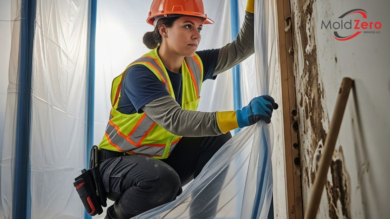 A person wearing a hard hat and safety vest working on a wall