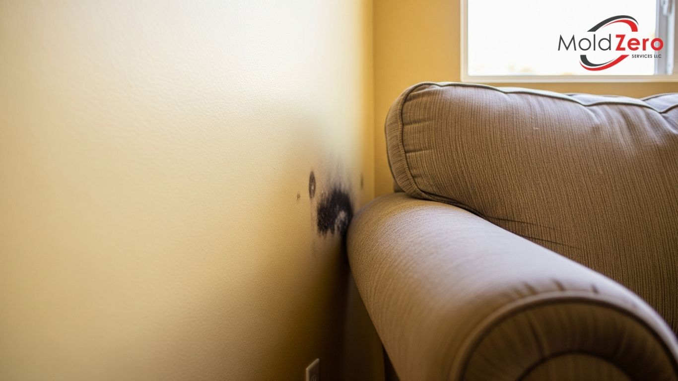A small patch of mold on the wall behind a sofa in a Burbank home