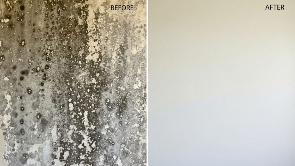 A split-screen before-and-after image showing a wall with dark mold