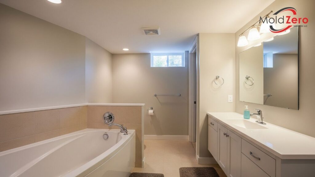 a clean bathroom with a large tub and sink