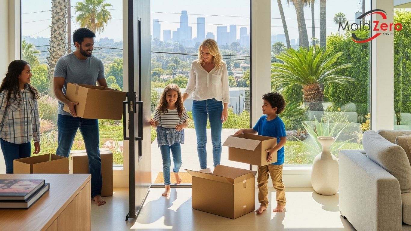 a happy family moving into a new, modern Los Angeles home