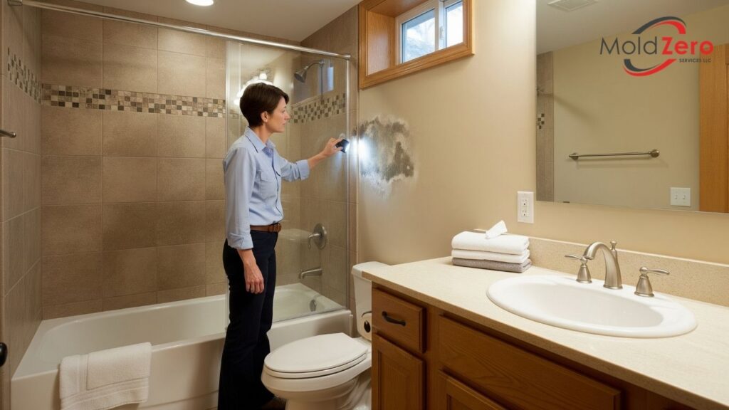 a mold inspector looking at mold in a basement bathroom