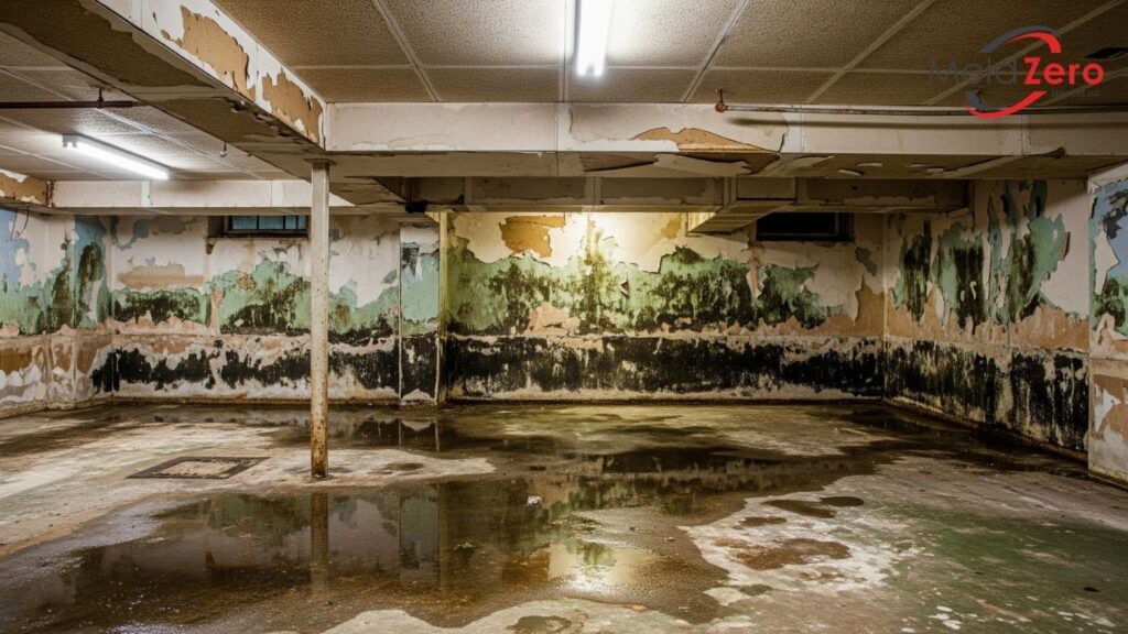 an empty room with peeling paint on the walls