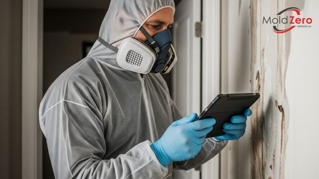 mold inspector wearing a mask and gloves using a tablet