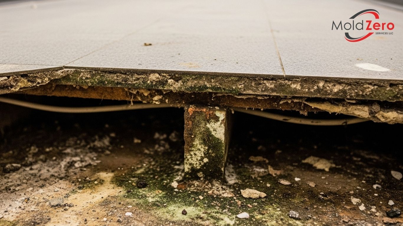 the commercial under floor of an old building is covered in dirt and mold