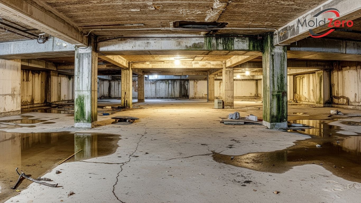 the inside of an abandoned moldy commercial building with water on the floor