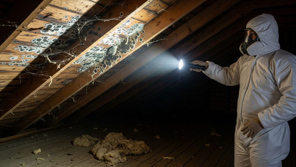 A mold inspector looking for mold in the attic