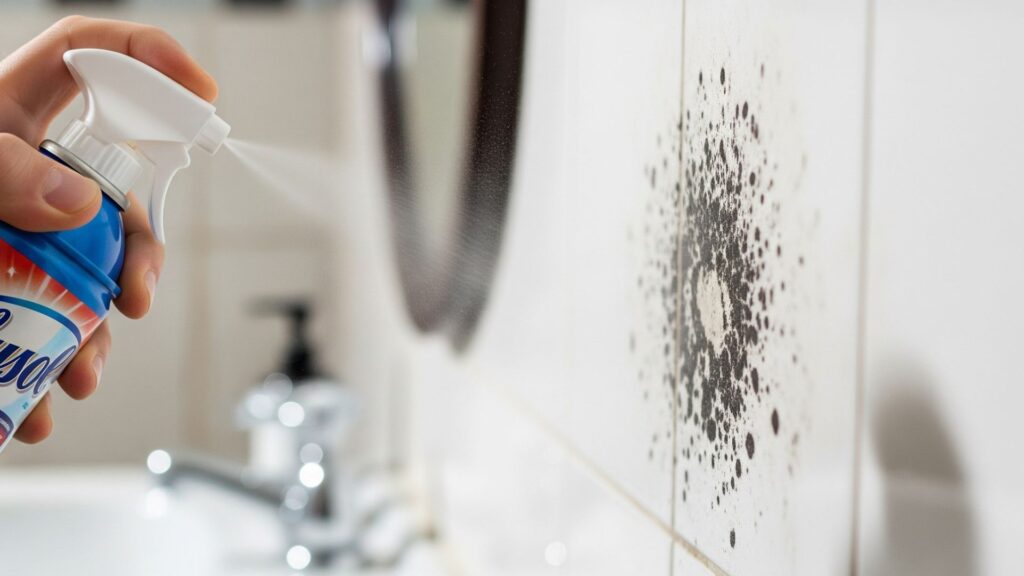 A person is using a lysol spray to clean a bathroom