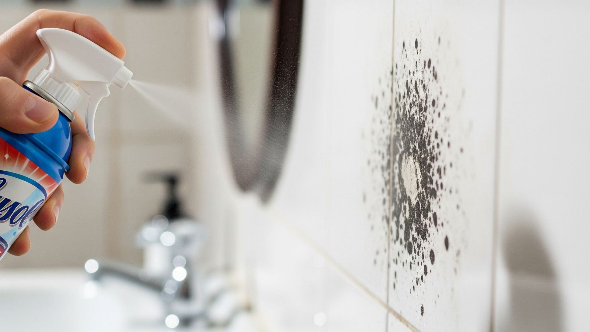 A person is using a lysol spray to clean a bathroom