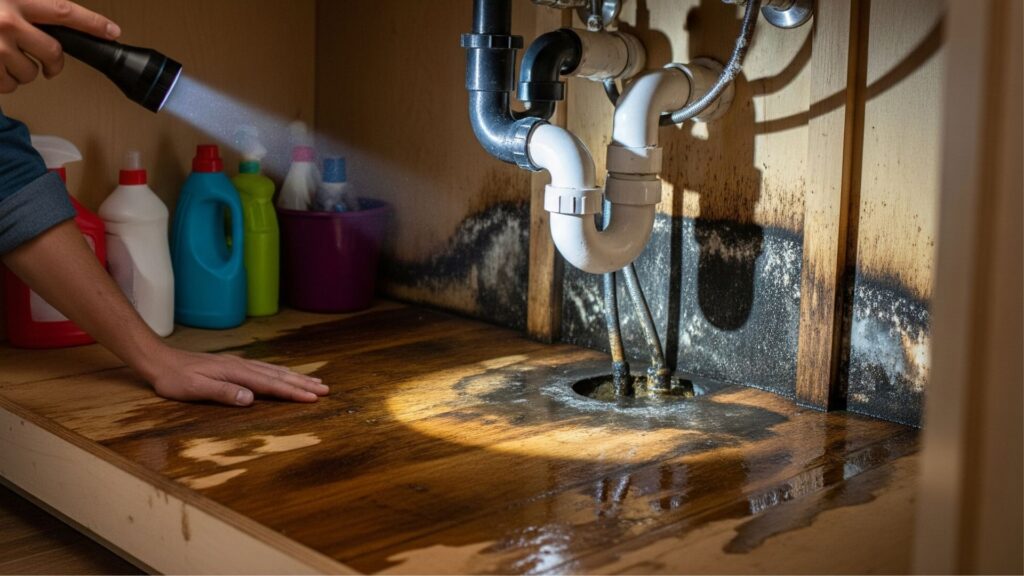 A person using a flashlight to look for mold under a sink
