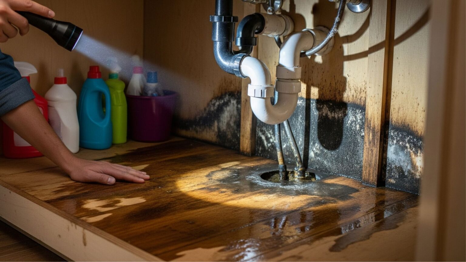 A person using a flashlight to look for mold under a sink