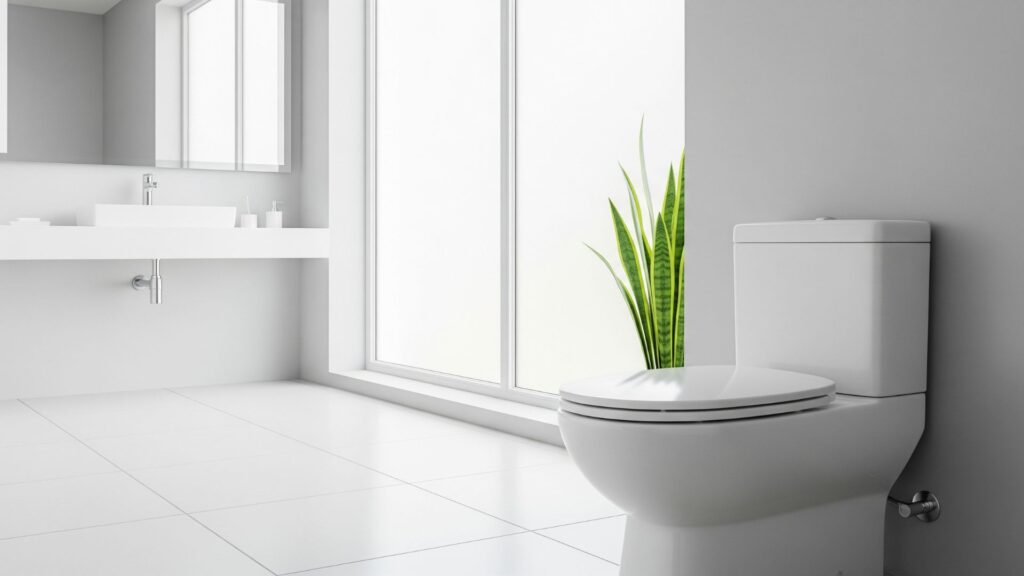 a bathroom with a toilet and a potted plant