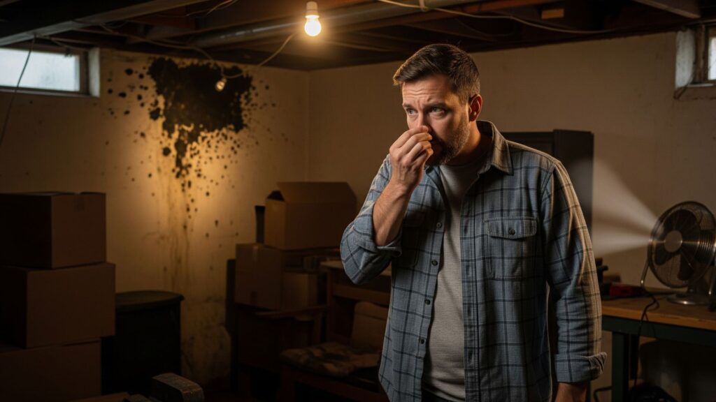 a man in the basement smelling mold