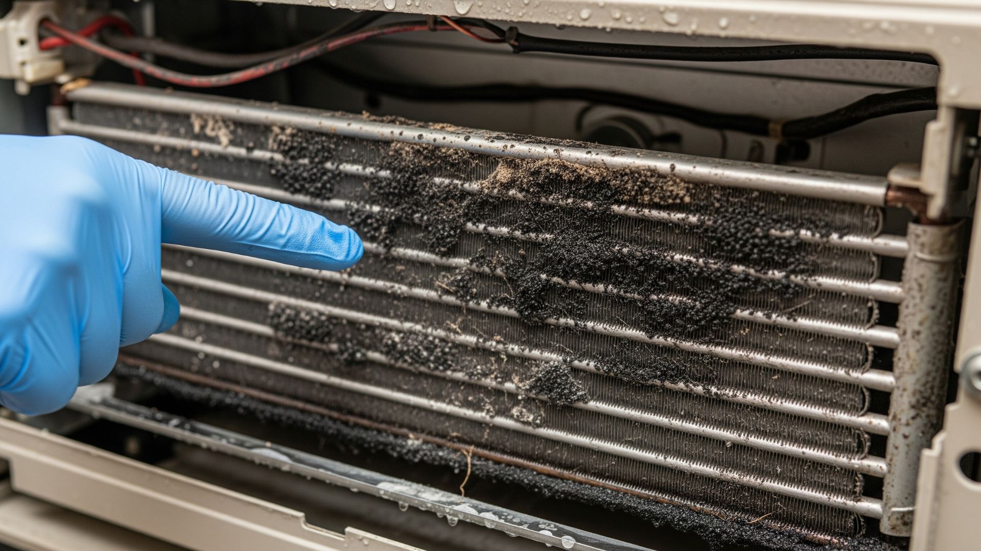 a person in blue gloves is touching a moldy air conditioner