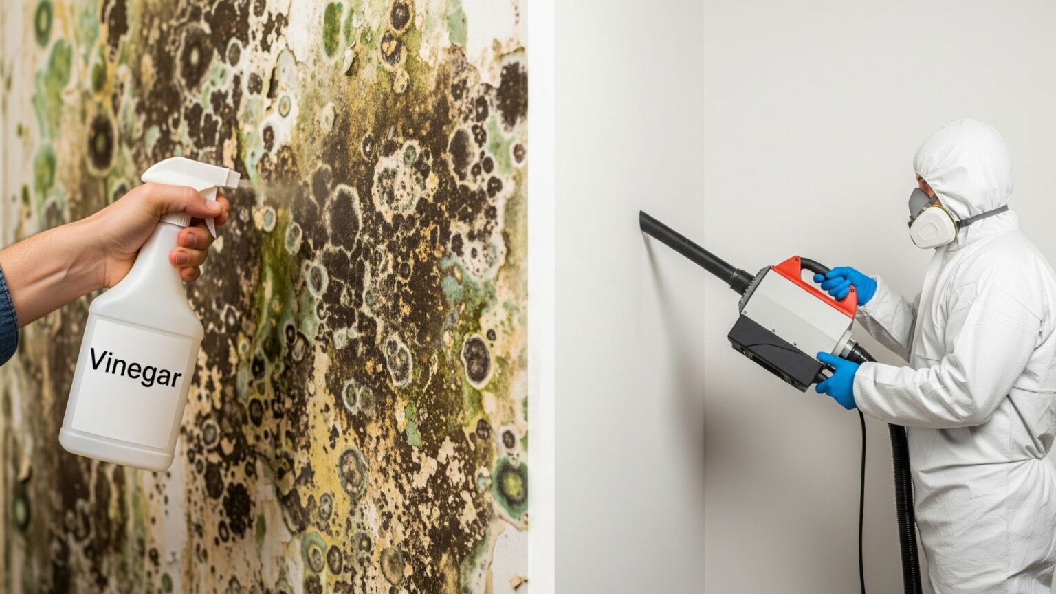 a person in protective gear removing mold from a wall