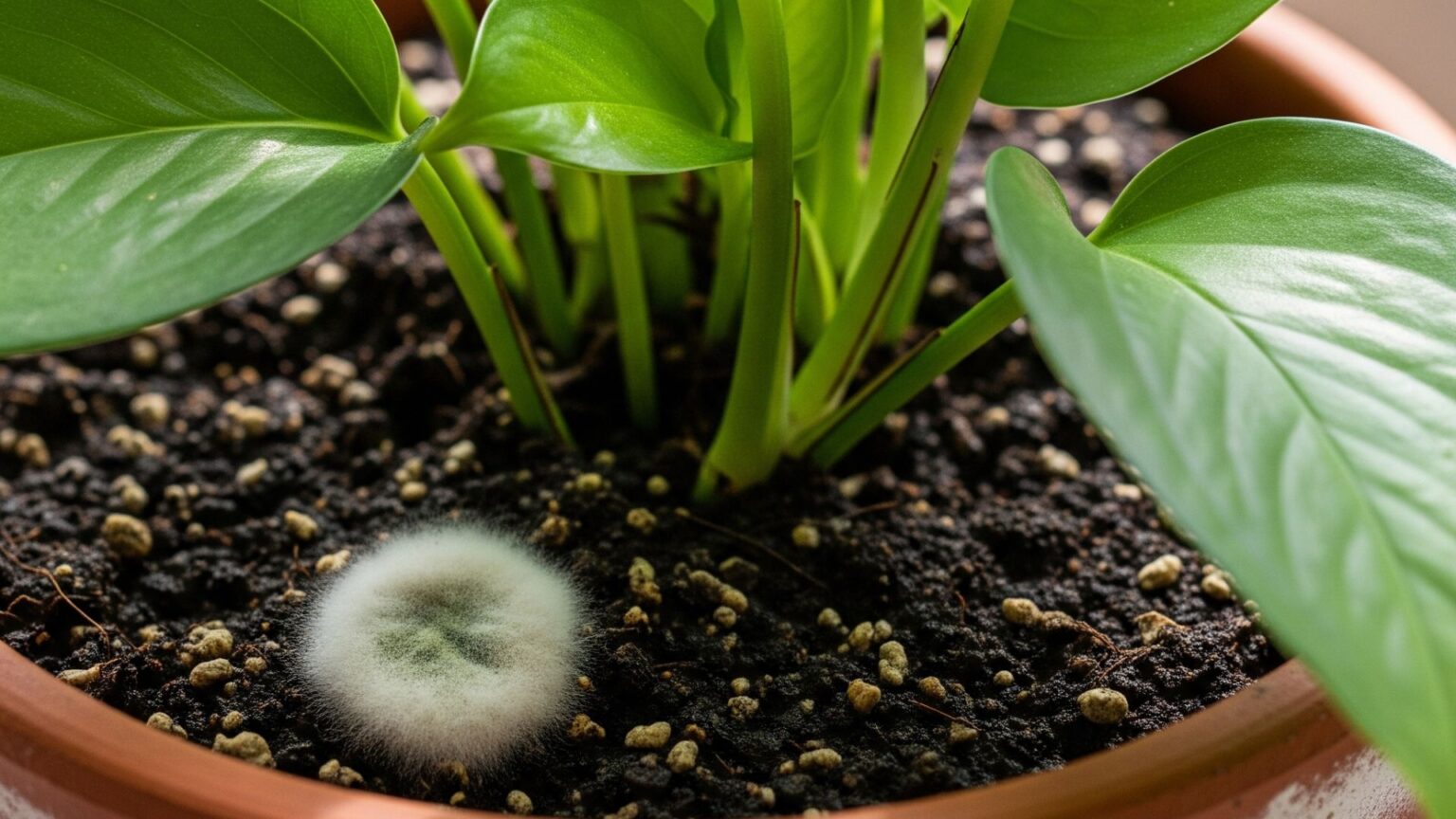 a potted plant with mold growing in it