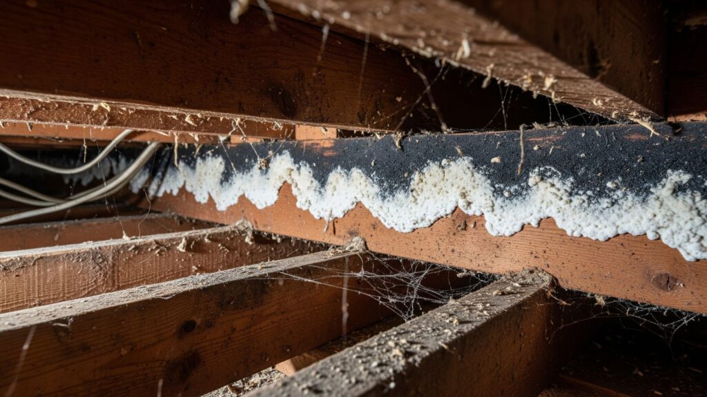 the inside of an attic with mold and water damage