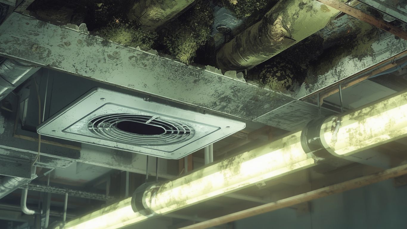 Mold in commercial HVAC systems inside a Los Angeles building's ductwork
